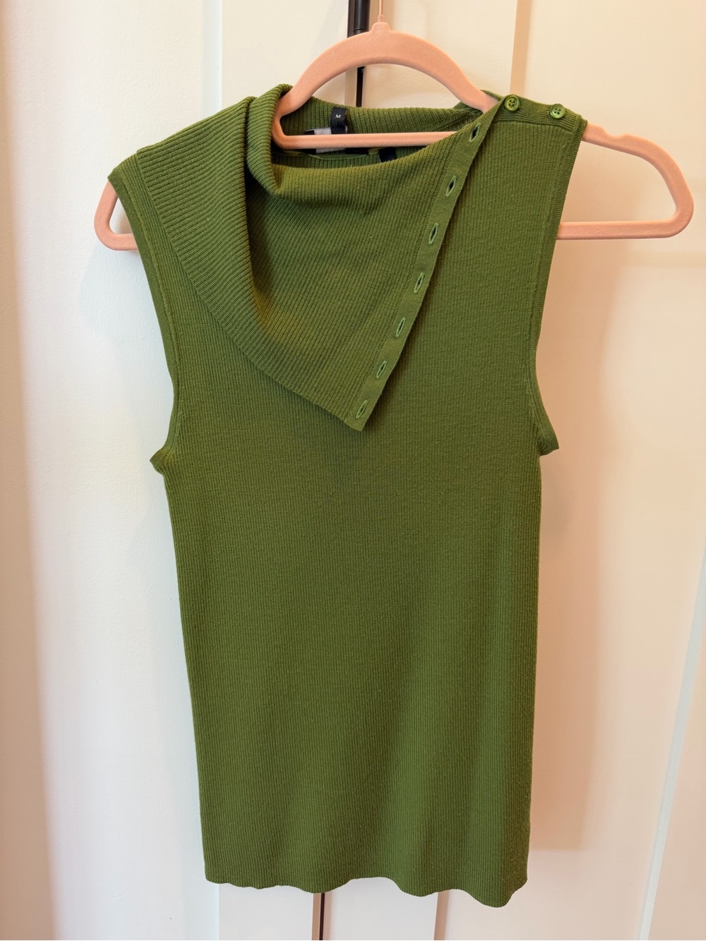 Theory Sleeveless Olive Green Knit Top with Button Neck Detail size M